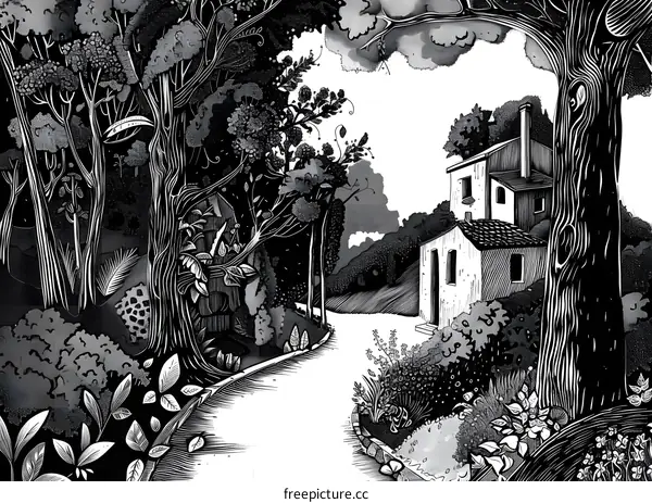 Black and White Illustration of a House in a Forest