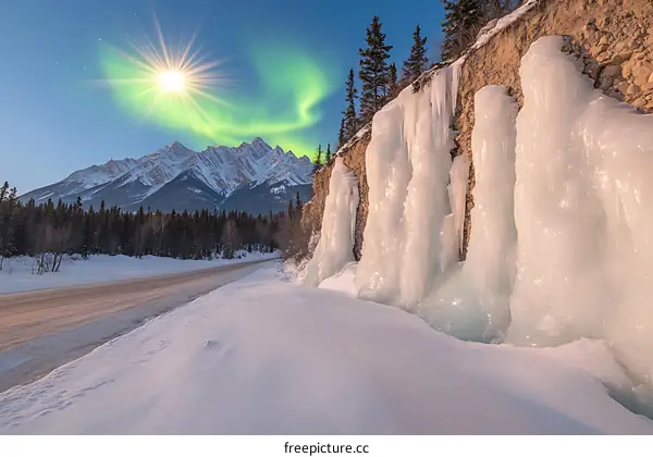 Stunning Winter Landscape with Icicles and Mountains under a Bright Sun and Aurora Borealis