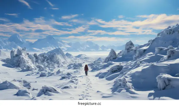Solitary Hiker Journeys Across Snowy Mountain Landscape