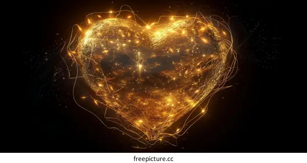 Glowing golden heart made of particles