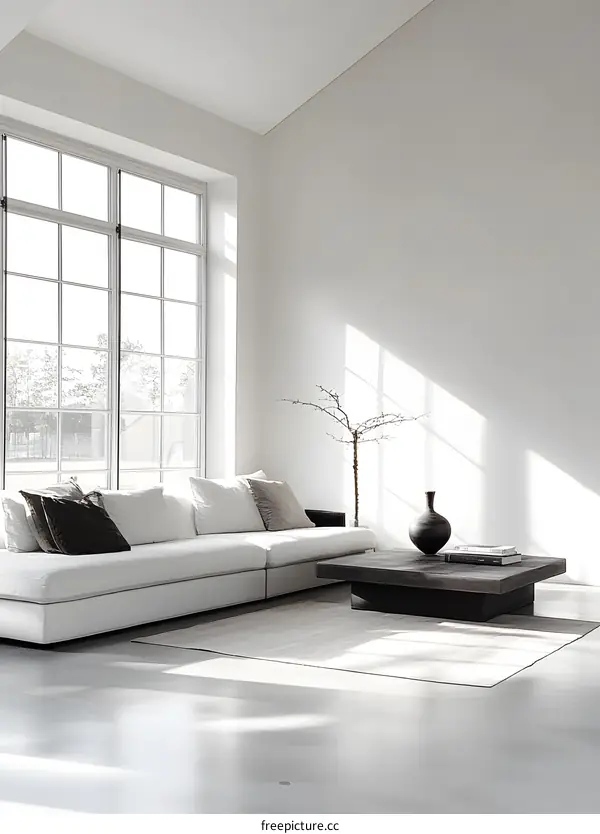 Modern Minimalist Living Room Interior Design with White Sofa and Black Coffee Table