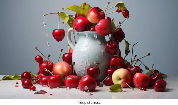 Cherries and apples spilling from a ceramic pitcher