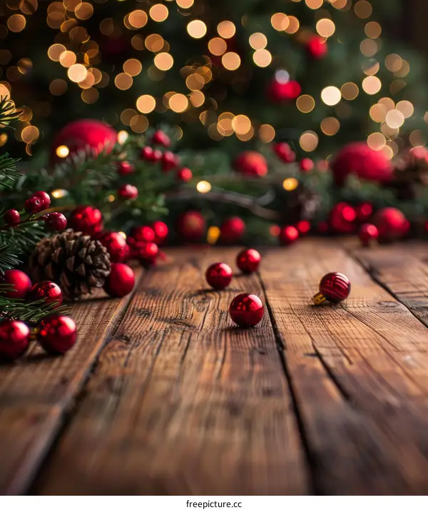Christmas Decorations on Rustic Wooden Table