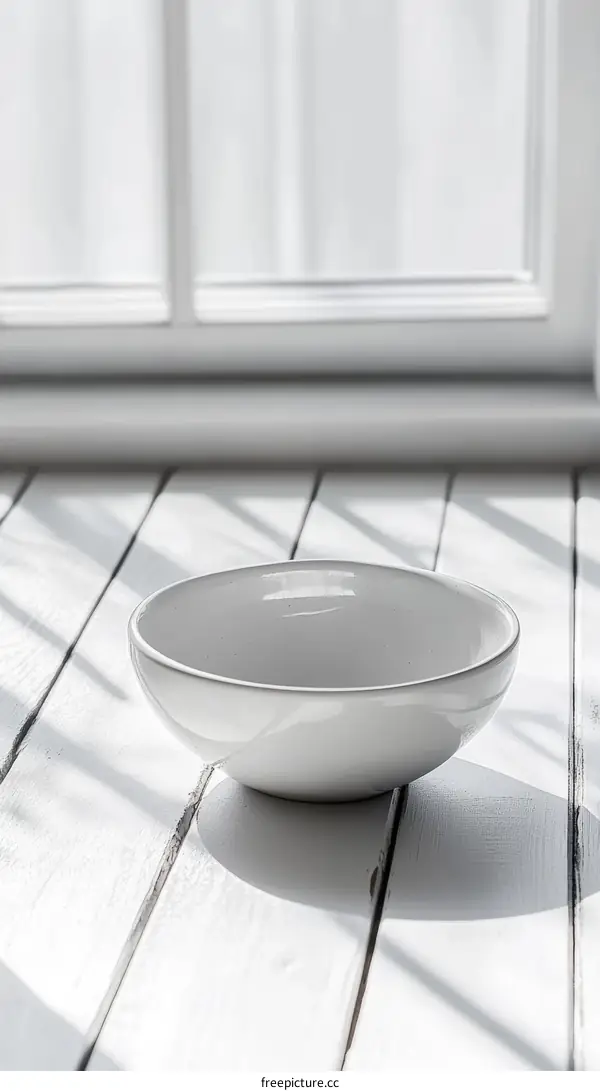 Empty White Porcelain Bowl on Wooden Surface with Sunlight