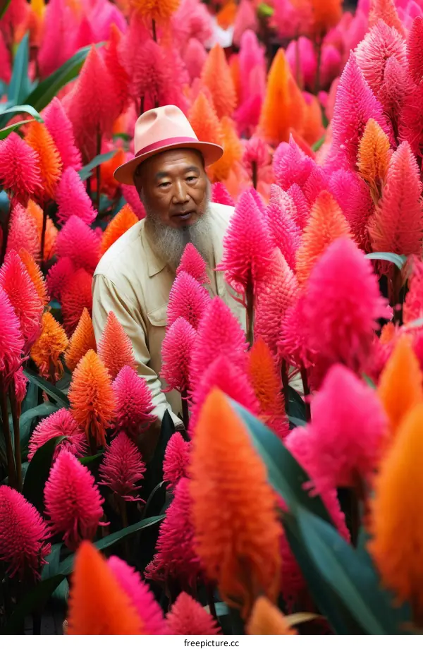 An old man is standing in a field of red and orange flowers.