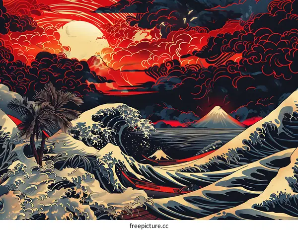 The Great Wave off Kanagawa Red Sunset Illustration