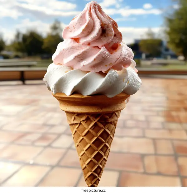 Delicious Double Flavor Ice Cream Cone in Outdoor Setting