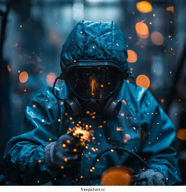 welder in protective gear welding metal with sparks flying