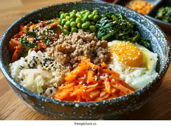 Korean Food Bibimbap With Egg And Vegetables