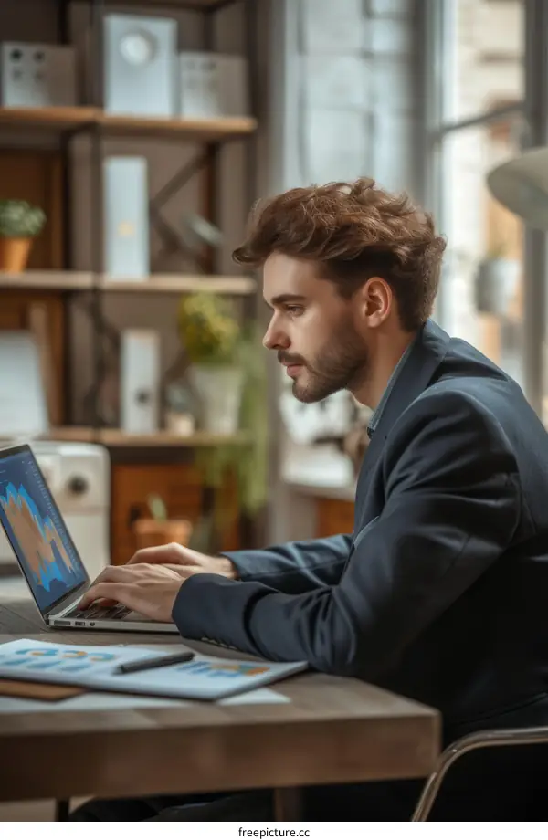 Young male professional working on laptop in home office