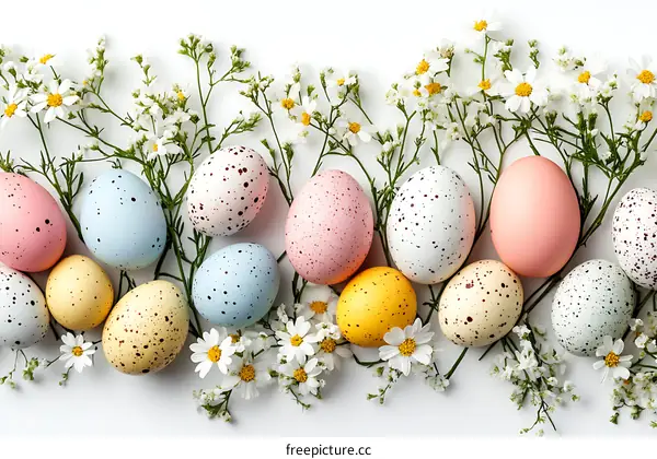 Easter Eggs and Flowers Arrangement on White Background