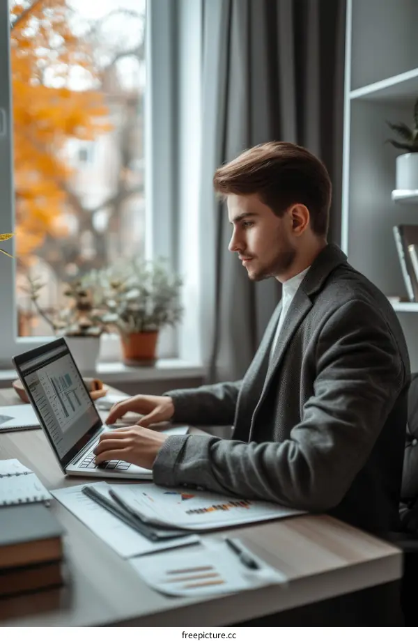 Young male professional working on laptop in home office