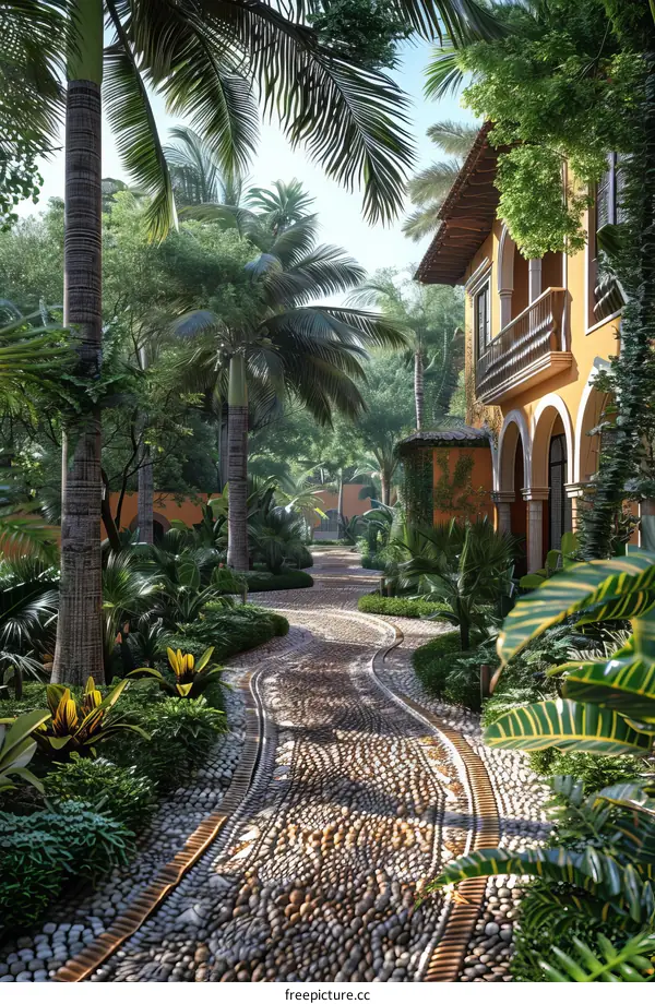 Cobblestone Path in a Tropical Garden