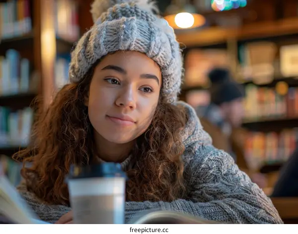 Focused Young Woman Studying in a Library