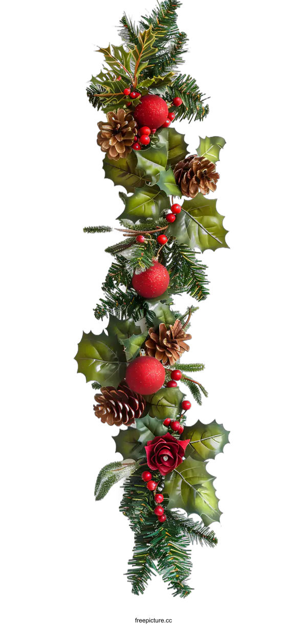 [Transparent Background PNG]Christmas Garland with Holly, Pine Cones, and Red Ornaments