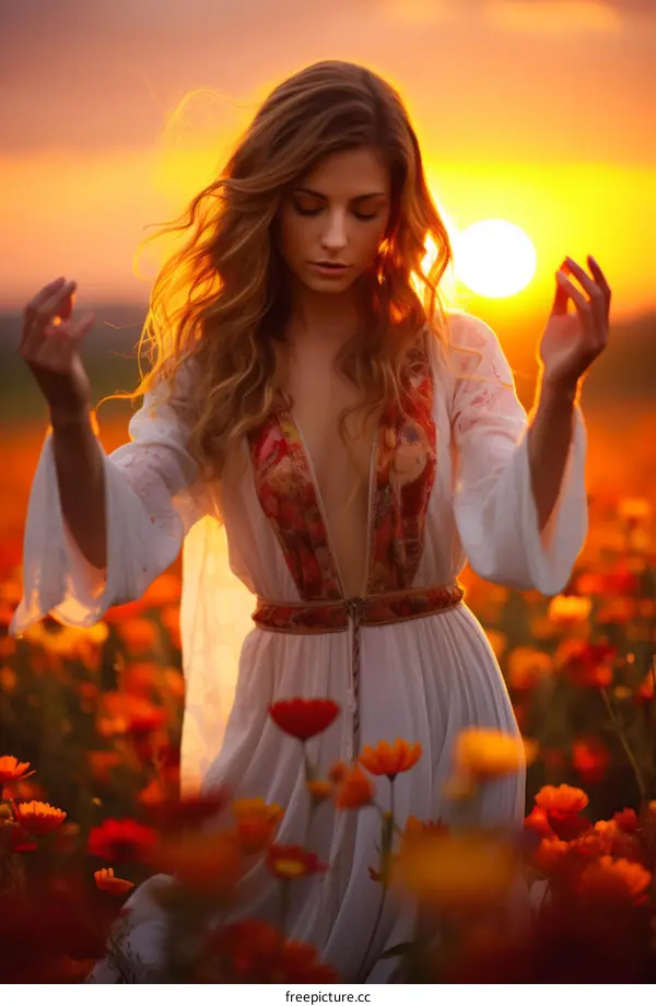 Young woman standing in a field of flowers with her arms outstretched
