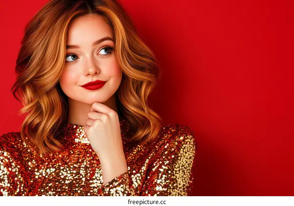 Beautiful Woman in Sparkling Gold Sequins Dress against Red Background