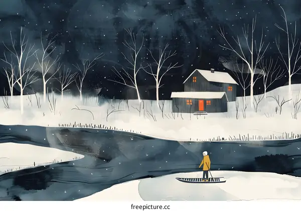 Lone Man in a Boat on a Winter Night