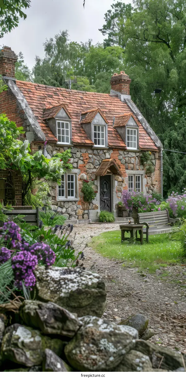 Stone Cottage with Blooming Flower Garden