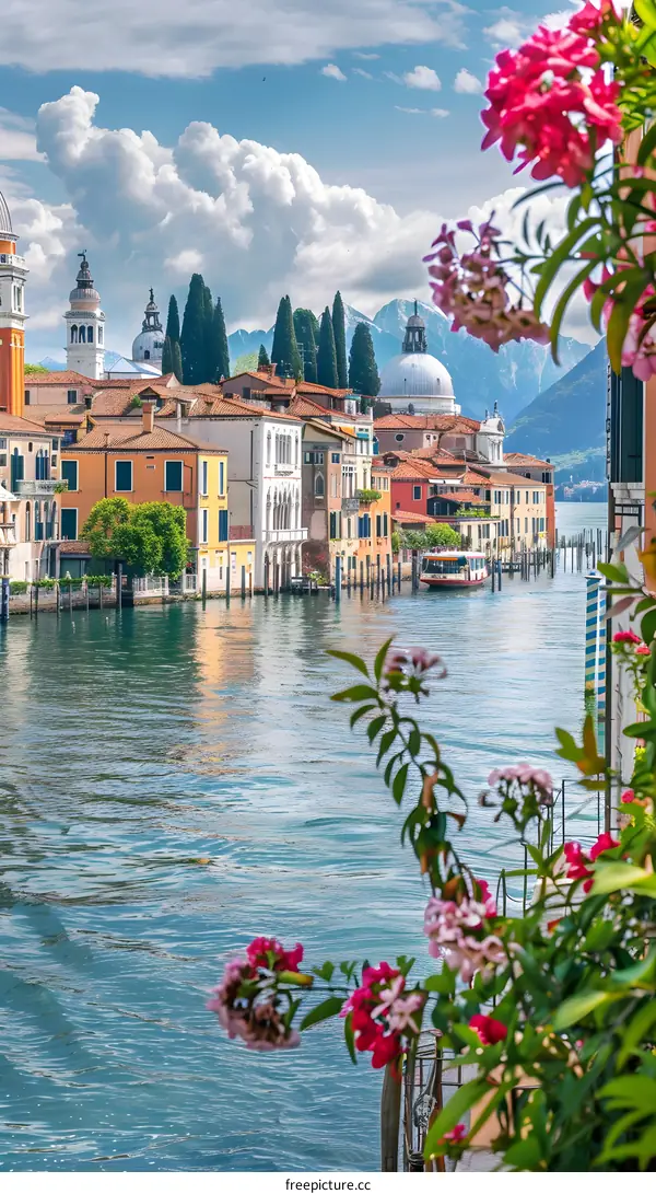 Canal View with Flowers and Buildings in Italy