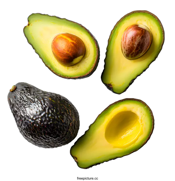 [Transparent Background PNG]Two halves and one whole avocado on white background