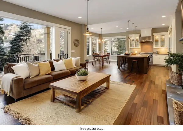 Open Concept Living Room and Kitchen with View