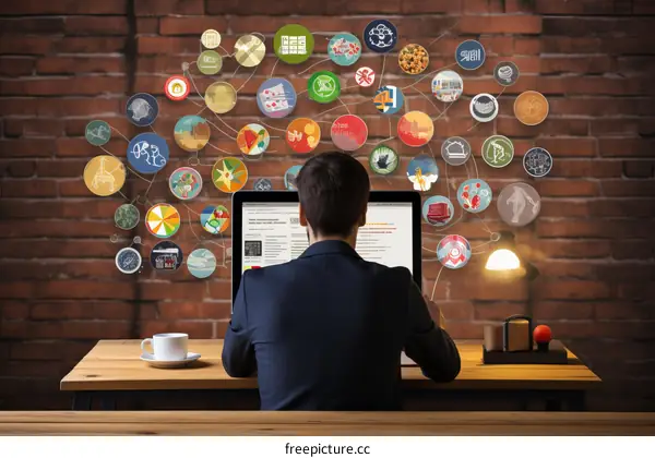A man sitting at a desk looking at a computer screen with a brick wall in the background