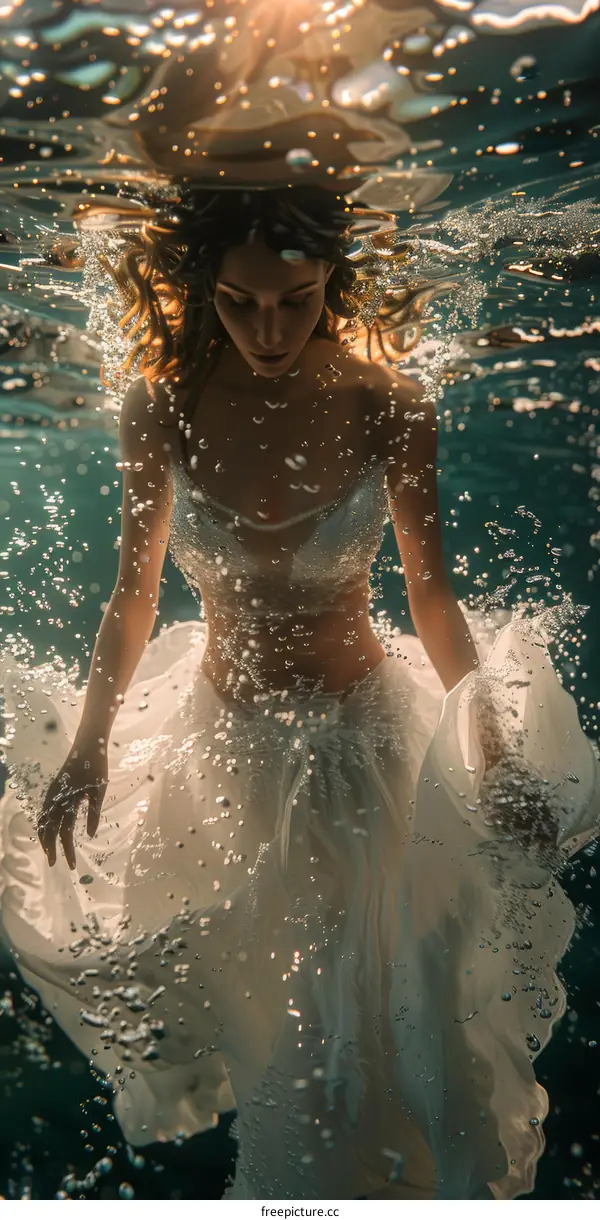 An ethereal underwater portrait of a woman in a white dress
