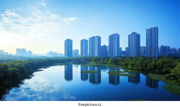 Cityscape with Calm Water and Green Landscaping