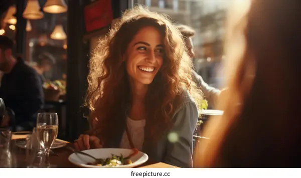 Smiling woman with curly hair sitting at a restaurant table