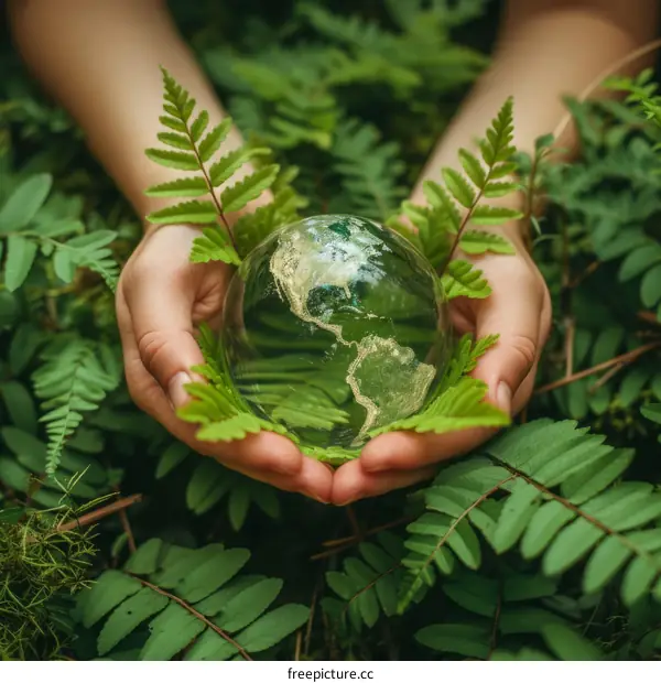 Hands holding a crystal ball with the Earth inside surrounded by green leaves