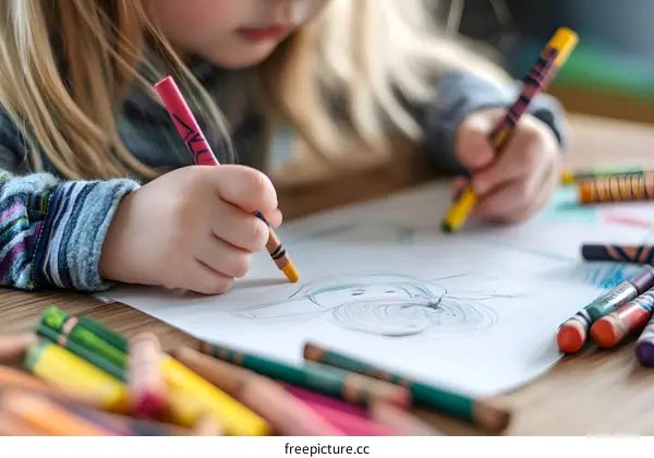 Little Girl Drawing with Crayons