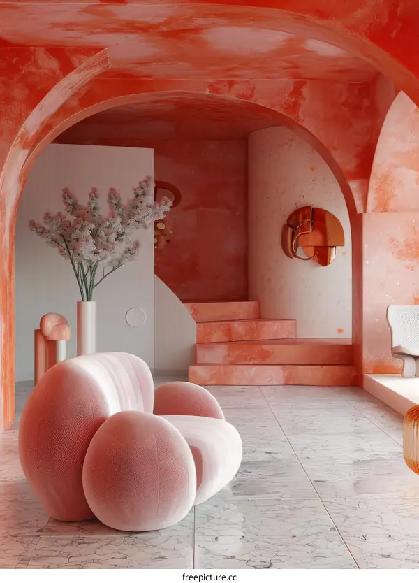 Modern Living Room Interior with Orange Walls