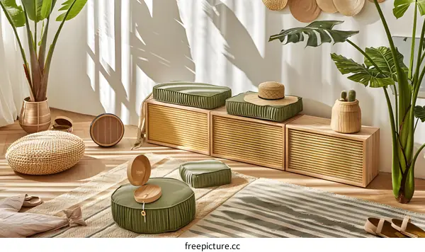 Bohemian Style Living Room Decor With Green Cushions And Wicker Furniture