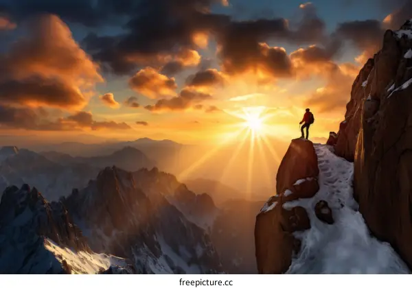 A lone hiker stands on a mountain peak and gazes at the sunset
