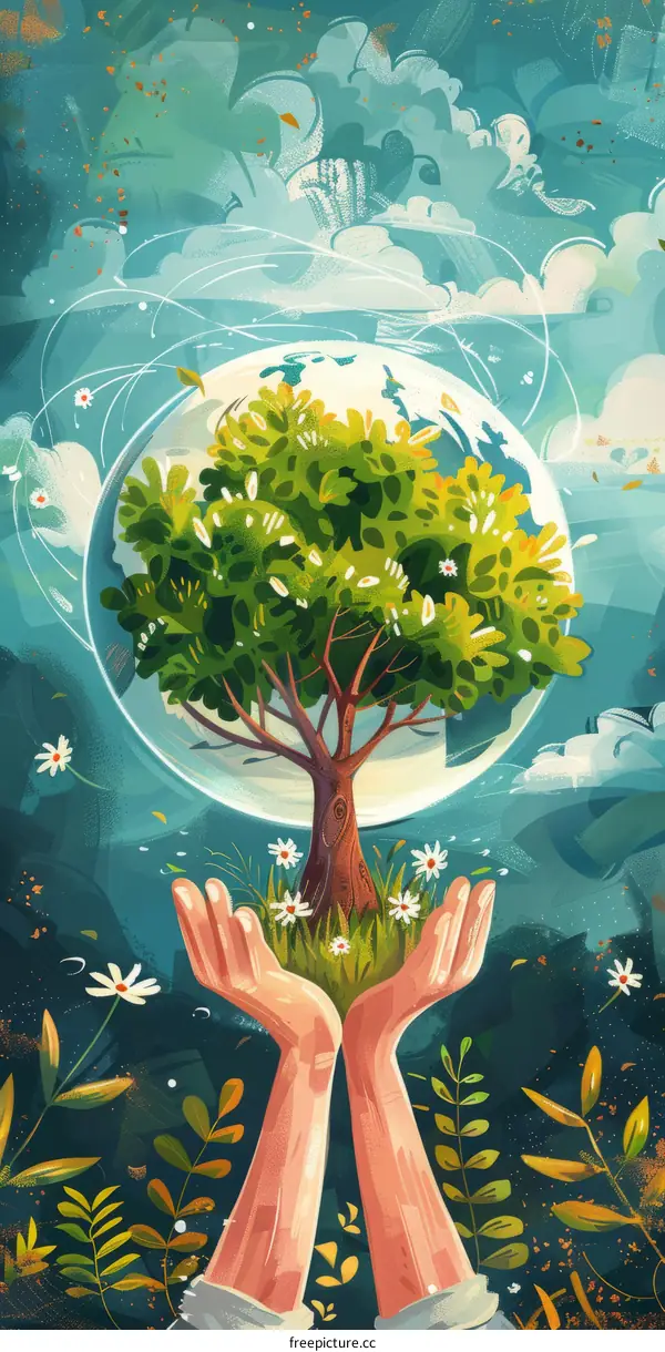 Illustration of a hand holding a globe with a tree growing out of it
