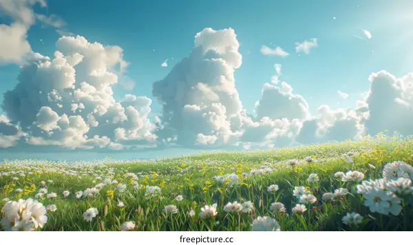 A beautiful summer landscape with a meadow full of flowers and a blue sky with white clouds
