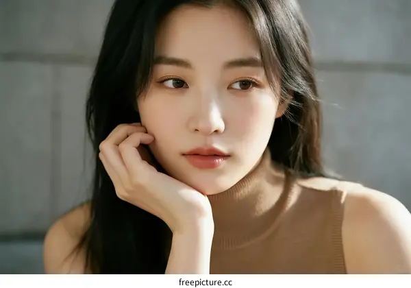 A Young Asian Woman with Long Black Hair and Turtleneck Top