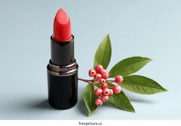 Elegant Red Lipstick and Berries on Pastel Background