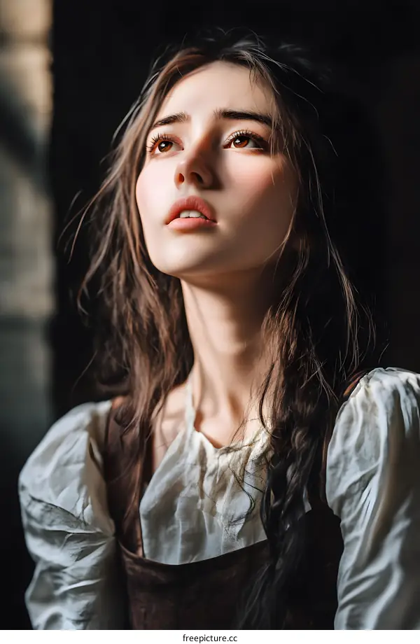 Portrait of a Beautiful Young Woman with Long Brown Hair Looking Up