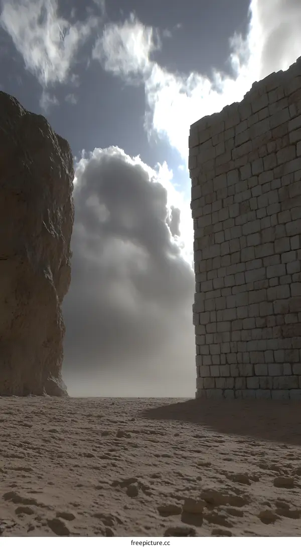 Stone Wall Ruins in Desert Landscape with Cloudy Sky