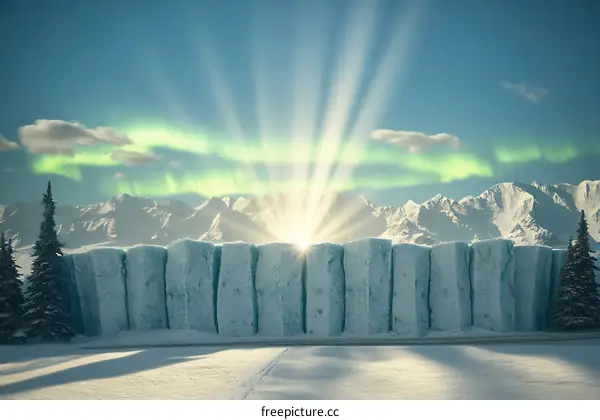 Ice Wall In Front of Mountain Range with Northern Lights
