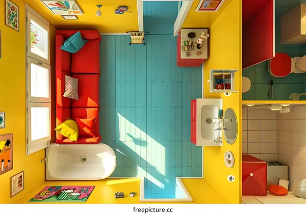 Top View Illustration of a Tiny Apartment with a Bathroom and Living Room