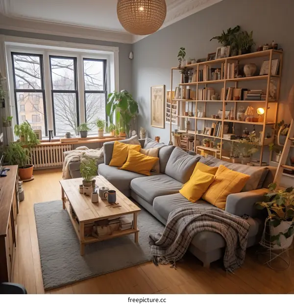 A cozy living room with a large couch, coffee table, rug, bookshelf, and plants