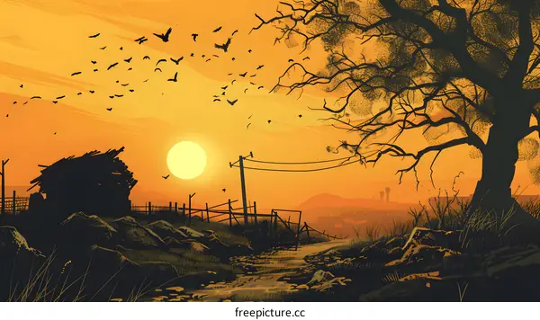 Sunset Landscape With Flock Of Birds Flying Over Silhouetted Trees And Hills