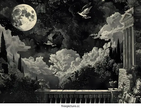 Night Sky with Full Moon and Flying Birds Illustration