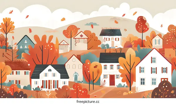 Autumn Village Landscape Illustration