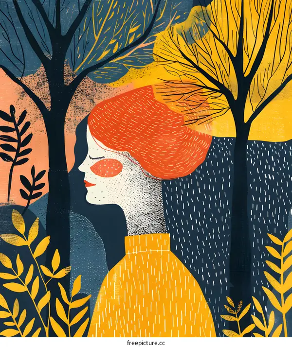 A woman with red hair and freckles stands in a forest with yellow and blue trees.