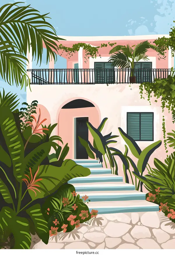Pink House with Tropical Plants and Steps