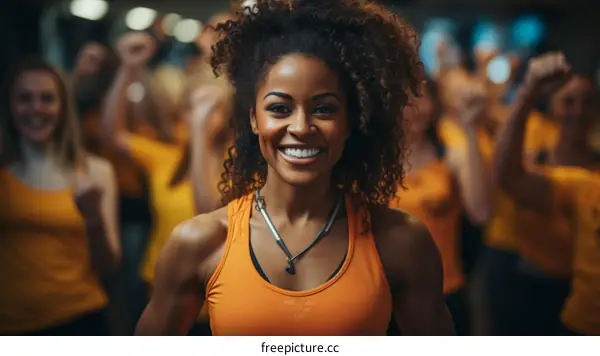 A group of people in a fitness class are doing an exercise routine with the instructor in front of them